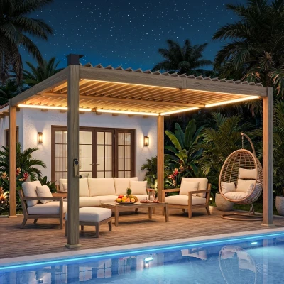 Outsunny 10' x 10' Metal Pergola with Solar LED Lights, Brown