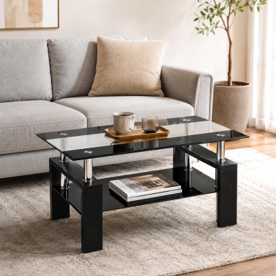Tempered Glass Coffee Table with Tempered Glass Top, Space-Saving Center Table with Sturdy Legs, 34.5'' L x 18.5'' W x 17.5'' H, Black+Transparent