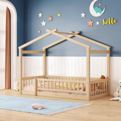 Comfortable Twin House Bed Frame with Roof and Fence, Sturdy Pinewood Platform Bed with Semi-enclosed Space, 79.5" L x 42" W x 63" H, Natural