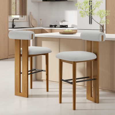 Indoor Modern Bar Stools Set of 2 with Rubber Wood Frame, Fixed Non-Swivel Bar Chairs with Sturdy Metal Footrest, 19'' L x 23'' W x 43'' H, Ivory+Walnut