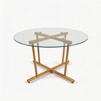 Round Tempered Glass Coffee Table with Solid Iron Legs, Modern Center Table with Stable Frame, 27.5'' L x 27.5'' W x 14.5'' H, Natural+Transparent