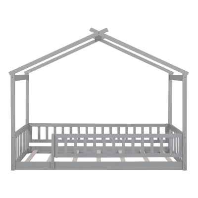 Comfortable Twin House Bed Frame with Roof and Fence, Sturdy Pinewood Platform Bed with Semi-Enclosed Space, 79.5" L x 42" W x 63" H, Gray