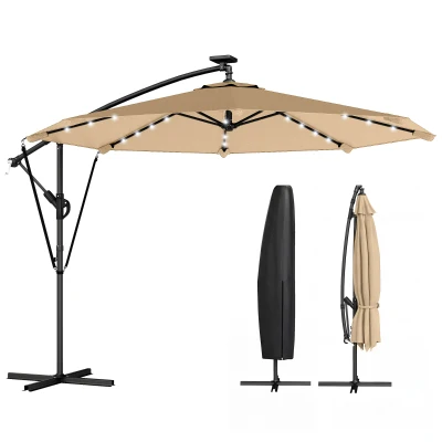 Outsunny 9.7ft Solar LED Cantilever Patio Umbrella with 32 LED Lights, Cross Base, Crank Handle, for Poolside, Deck, Khaki