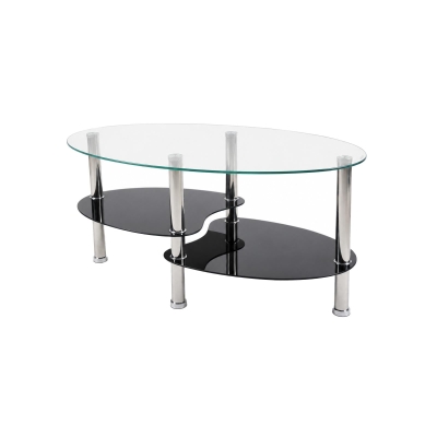 Oval Tempered Glass Coffee Table with Stainless Steel Legs, Modern Centre Table with Rounded Edges, 34.5'' L x 19'' W x 16'' H, Black+Transparent