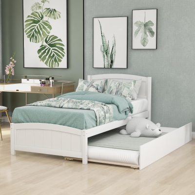 Space-Savimg Twin Size Wood Platform Bed with Roll-Out Trundle, Solid Bed Frame with 10 Supporting Slats, 79.5" L x 41.5" W x 37.5" H, White