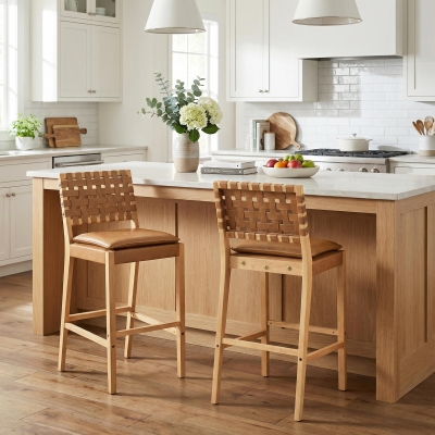Modern Bar Stools with Hand‑Woven PU Back, Strap-Back Bar Chairs with Padded PU Seat, 18'' L x 21.5'' W x 40.5'' H, Brown+Natural