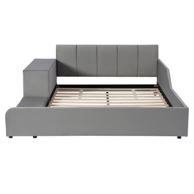 Full Size Upholstered Platform Bed with Bedside Desk and Stool, Cozy Bed Frame with Streamlined Structure, 79.5" L x 68" W x 28" H, Gray