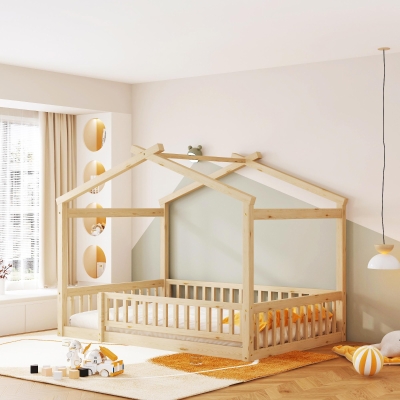 Full Size Wood House Bed with Roof and Fence, Sturdy Pinewood Bed Frame for Kids and Teens, 79.5" L x 57" W x 63" H, Natural