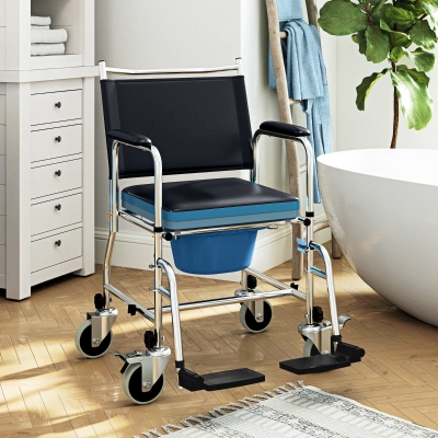 HOMCOM Rolling Shower Chair, Bedside Commode Wheelchair with Padded Seat, Backrest, for Seniors, Disabled, 300 lbs, Black