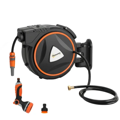 Outsunny Retractable Garden Hose Reel, 1/2" x 59ft Wall Mounted Hose Reel with 12-Pattern Nozzles, Auto Retraction, Self-Locking