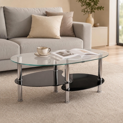 Oval Tempered Glass Coffee Table with Stainless Steel Legs, Modern Centre Table with Rounded Edges, 34.5'' L x 19'' W x 16'' H, Black+Transparent