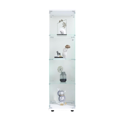 Glass Display Cabinet with Adjustable Feet and Safety Bumpers, Floor-Standing Curio Bookshelf with Tempered Glass, 16.5'' L x 14.5'' W x 64.5'' H, White