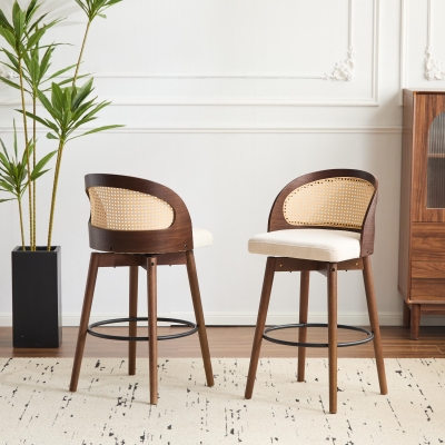 Swivel Bar Chairs with Ergonomic Curved Back, Cozy Stools with Hand‑Woven PE Cane Back, 18" L x 19" W x 35.5" H, Beige+Walnut