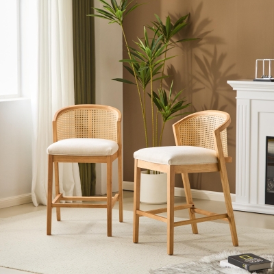 Cozy Counter Stools with Padded Upholstered Seat, Rubberwood Bar Chairs with Reinforced Footrest, 20.5" L x 22.5" W x 6" H, Beige+Natural