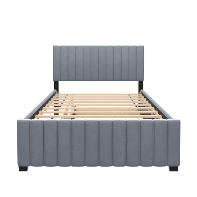Space-Saving Full Size Upholstered Platform Bed with Twin-Size Trundle, Solid Bed Frame with 10 Reinforced Slats, 80" L x 58" W x 46" H, Gray