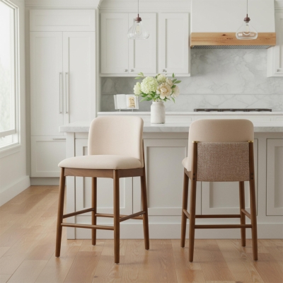 Cozy Lois Indoor Upholstered Wooden Stools with Padded Soft Fabric, Sturdy Bar Chairs with Footrest, 19" L x 22" W x 37" H, Beige+Walnut