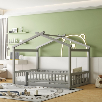 Full Size Wood House Bed with Roof and Fence, Sturdy Pinewood Bed Frame for Kids and Teens, 79.5" L x 57" W x 63" H, Gray