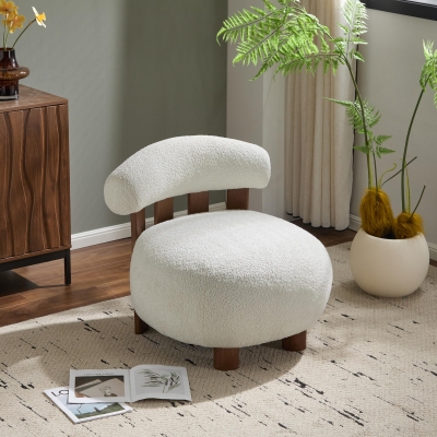 Modern Bouclé Fabric Accent Chair with Curved Backrest, Cozy Lounge Seating with Solid Birch Wood Frame, 29'' L x 31'' W x 29'' H, Off White+Walnut