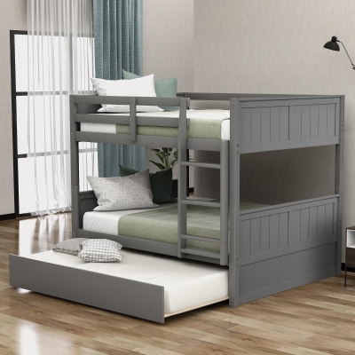 Full-Over-Full Bunk Bed with Space-Saving Pullout Trundle, Space-Saving Bed Frame with 2 Separate Beds, 79.5" L x 57" W x 60" H, Gray