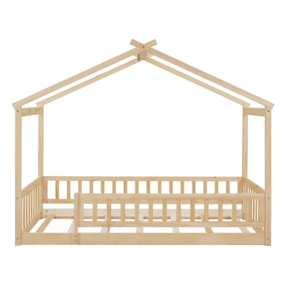 Comfortable Twin House Bed Frame with Roof and Fence, Sturdy Pinewood Platform Bed with Semi-enclosed Space, 79.5" L x 42" W x 63" H, Natural