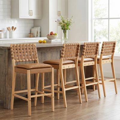Modern Bar Stools with Hand‑Woven PU Back, Strap-Back Bar Chairs with Padded PU Seat, 18'' L x 21.5'' W x 40.5'' H, Brown+Natural
