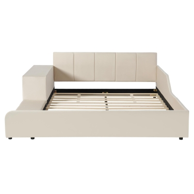 Queen-Size Upholstered Platform Bed with Bedside Desk and Stool, Cozy Bed Frame with Streamlined Structure, 84.5" L x 74" W x 28" H, Beige