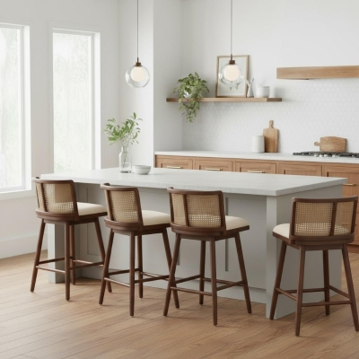 Woven Rattan Counter Chairs with Padded Upholstered Seat, Counter Height Bar Stools with Durable Frame, 19.5'' L x 21'' W x 35'' H, Beige+Walnut