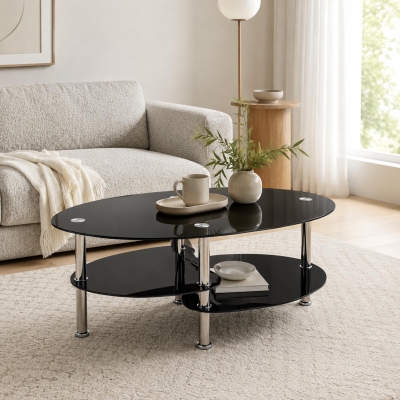 Oval Tempered Glass Coffee Table with Stainless Steel Legs, Modern Living Room Centre Table with Rounded Edges, 34.5'' L x 19'' W x 16'' H, Black