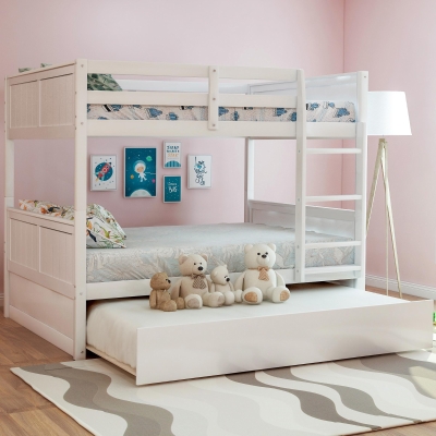 Full-Over-Full Bunk Bed with Pullout Trundle, Space-Saving Bed Frame with 2 Separate Beds, 79.5" L x 57" W x 60" H, White