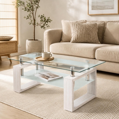 Modern Glass Coffee Table with Wood-Grain MDF Legs, Minimalist Center Table with 2-Tier Storage, 34.5'' L x 18.5'' W x 17.5'' H, Transparent+White