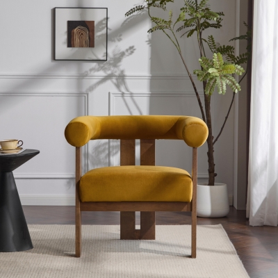 Round Arm Accent Chair with Velvet Upholstery, Curved Backrest Armchair with Solid Birch Wood Base, 31'' L x 29'' W x 30'' H, Mustard Yellow+Walnut
