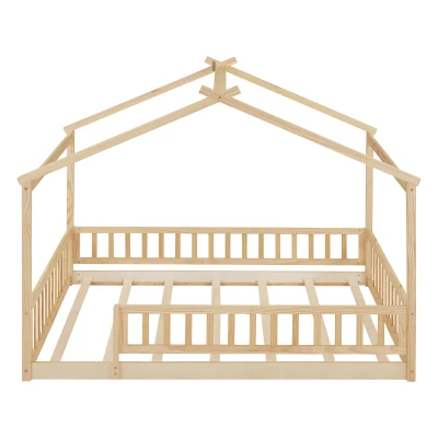 Full Size Wood House Bed with Roof and Fence, Sturdy Pinewood Bed Frame for Kids and Teens, 79.5" L x 57" W x 63" H, Natural