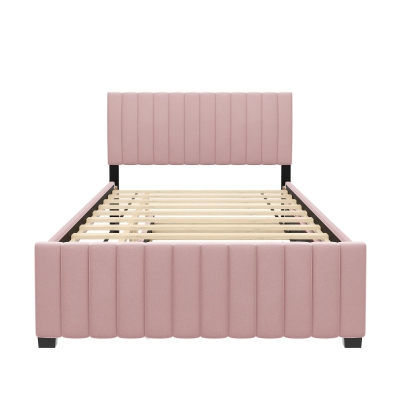 Space-Saving Full Size Upholstered Platform Bed with Twin-Size Trundle, Solid Bed Frame with 10 Reinforced Slats, 80" L x 58" W x 46" H, Pink