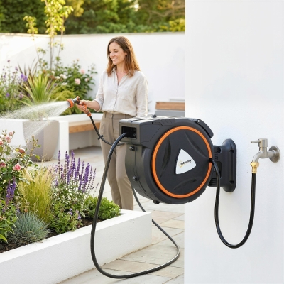 Outsunny Retractable Garden Hose Reel, 1/2" x 59ft Wall Mounted Hose Reel with 12-Pattern Nozzles, Auto Retraction, Self-Locking