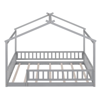 Full Size Wood House Bed with Roof and Fence, Sturdy Pinewood Bed Frame for Kids and Teens, 79.5" L x 57" W x 63" H, Gray