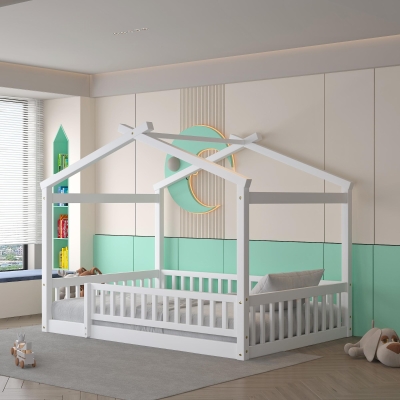 Full Size Wood House Bed with Roof and Fence, Sturdy Pinewood Bed Frame for Kids and Teens, 79.5" L x 57" W x 63" H, White