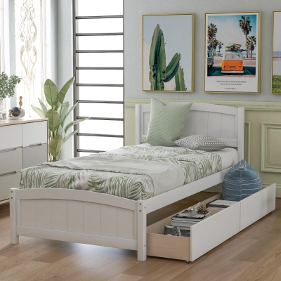 Solid Twin Wood Platform Bed with Strong Pine Legs and Durable Material, Bunk Bed with 2 Drawers Below, 79.5" L x 41.5" W x 37.5" H , White