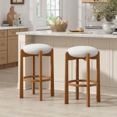 Set of 2 Bar Stools with Solid Rubber Wood Frame, Non-Swivel Bar Shairs with Upholstered Round Seat, 19.5'' L x 19.5'' W x 30'' H, Ivory+Walnut