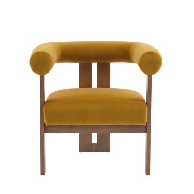 Round Arm Accent Chair with Velvet Upholstery, Curved Backrest Armchair with Solid Birch Wood Base, 31'' L x 29'' W x 30'' H, Mustard Yellow+Walnut
