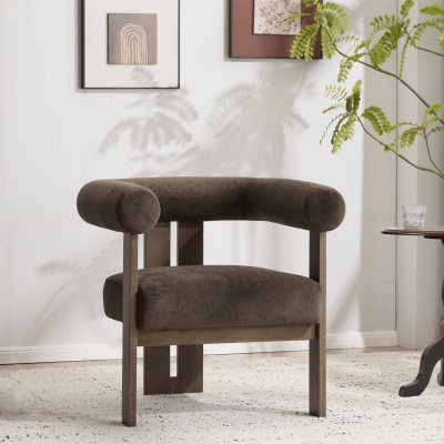 Round Arm Accent Chair with Velvet Upholstery, Curved Backrest Armchair with Solid Birch Wood Base, 31'' L x 29'' W x 30'' H, Dark Brown+Walnut