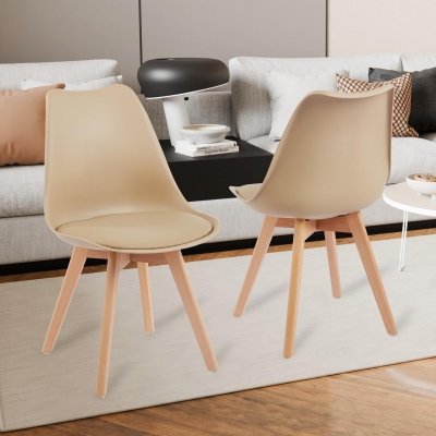 Modern Dining Chairs with Ergonomic High-Density Foam Backrest, Wooden-Legged Side Chairs with PU Leather Upholstery, 19.5L x 16.5W x 32H, khaki