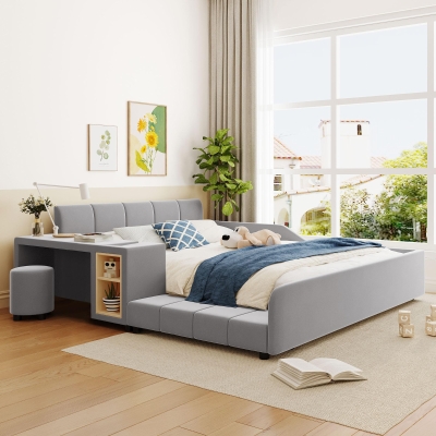 Queen-Size Upholstered Platform Bed with Bedside Desk and Stool, Cozy Bed Frame with Streamlined Structure, 84.5" L x 74" W x 28" H, Gray