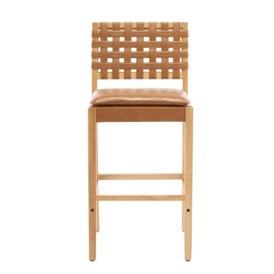 Modern Bar Stools with Hand‑Woven PU Back, Strap-Back Bar Chairs with Padded PU Seat, 18'' L x 21.5'' W x 40.5'' H, Brown+Natural