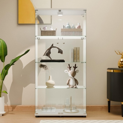 Solid Glass Floor-Standing Showcase with Built-In LED Lighting, LED Glass Display Cabinet with Lockable Doors, 31.5'' L x 14.5'' W x 64.5'' H, White