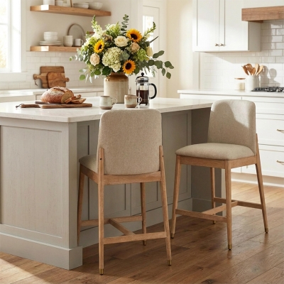 Counter Height Bar Stool Set of 2 with Rubberwood Construction, Modern Bar Chairs with Padded Upholstered Seat, 20'' L x 22.5'' W x 38'' H, Natural