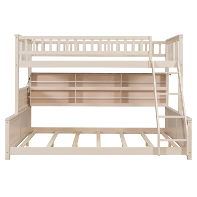 Twin XL Over Queen Bunk Bed with Built-In Storage Shelf and Safety Rope, Useful Bed Frame with Pegboard Side Panel, 83.5" L x 62.5" W x 59" H, Beige