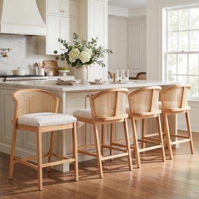 Cozy Counter Stools with Padded Upholstered Seat, Rubberwood Bar Chairs with Reinforced Footrest, 20" L x 22.5" W x 36" H, Beige+Natural