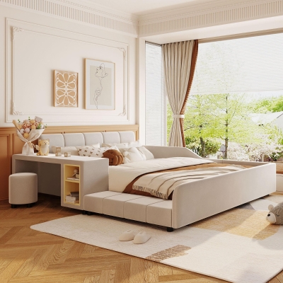 Queen-Size Upholstered Platform Bed with Bedside Desk and Stool, Cozy Bed Frame with Streamlined Structure, 84.5" L x 74" W x 28" H, Beige
