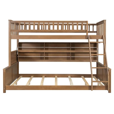 Twin XL Over Queen Bunk Bed with Built-In Storage Shelf and Safety Rope, Useful Bed Frame with Pegboard Side Panel, 83.5" L x 62.5" W x 59" H, Brown