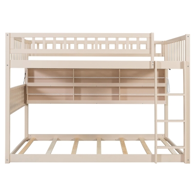 Full Over Full Bunk Bed with Convenient Storage Headboard, Unique Bed Frame with Multi-Color Light Strip, 79" L x 57.5" W x 57" H, Beige
